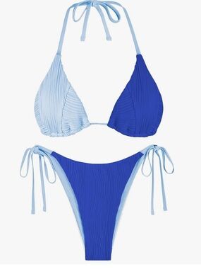 Zaful Two-Tone Light Blue and Royal Blue Ribbed Tie Bikini